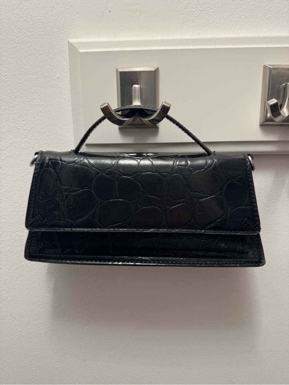 Black Croc-Embossed Top Handle Bag - Detachable Shoulder Strap